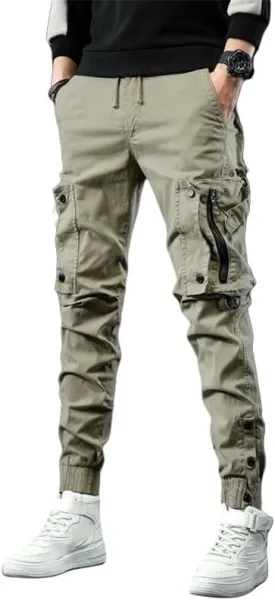 Men's Spring Autumn Slim Fit Cuffed Hem Stylish Multi-Pocket American Style Black Cargo Pants Skinny Leg