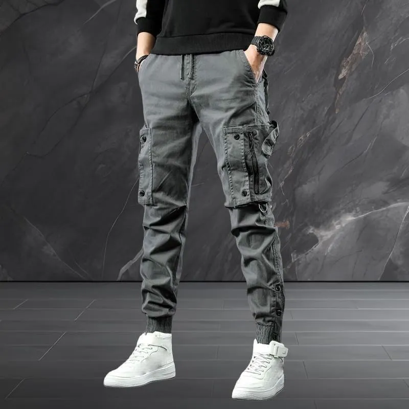 Men's Spring Autumn Slim Fit Cuffed Hem Stylish Multi-Pocket American Style Black Cargo Pants Skinny Leg