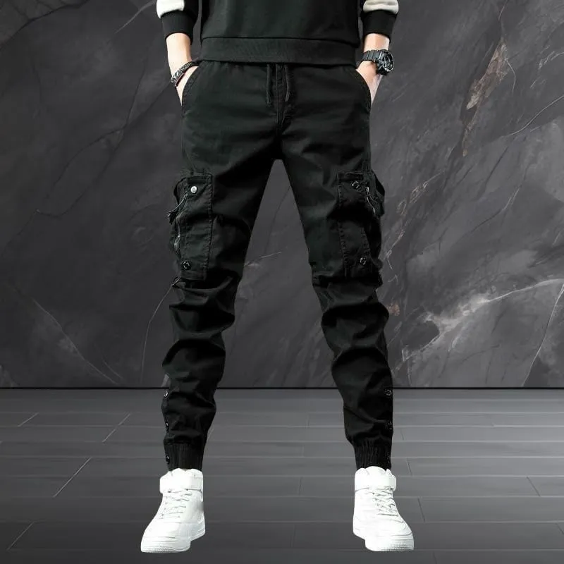 Men's Spring Autumn Slim Fit Cuffed Hem Stylish Multi-Pocket American Style Black Cargo Pants Skinny Leg