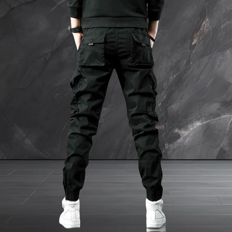 Men's Spring Autumn Slim Fit Cuffed Hem Stylish Multi-Pocket American Style Black Cargo Pants Skinny Leg