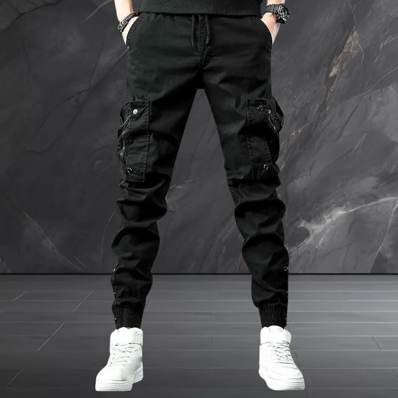 Men's Spring Autumn Slim Fit Cuffed Hem Stylish Multi-Pocket American Style Black Cargo Pants Skinny Leg