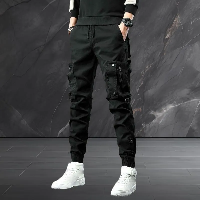Men's Spring Autumn Slim Fit Cuffed Hem Stylish Multi-Pocket American Style Black Cargo Pants Skinny Leg