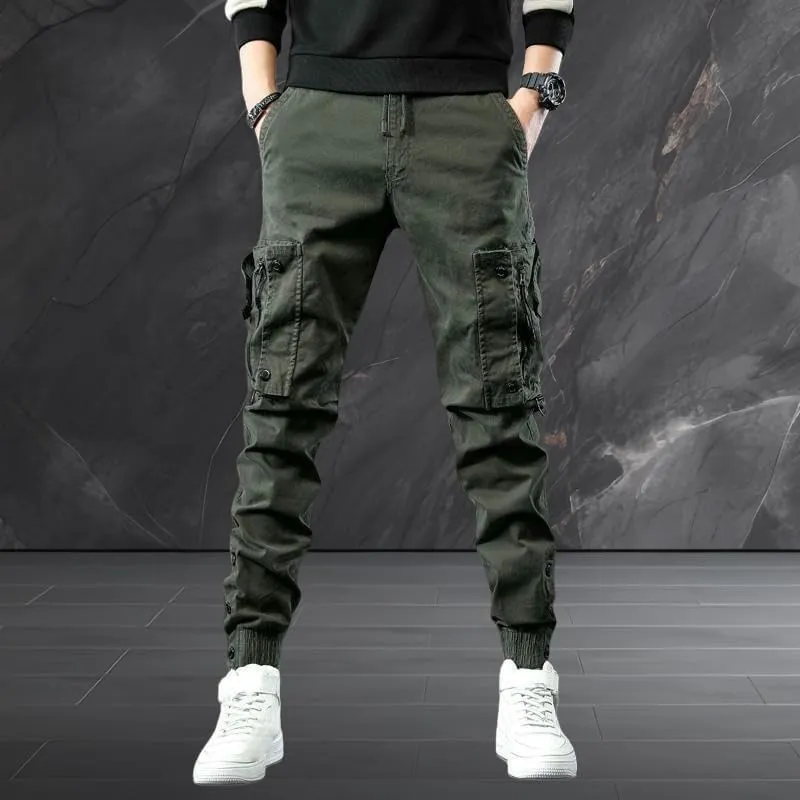 Men's Spring Autumn Slim Fit Cuffed Hem Stylish Multi-Pocket American Style Black Cargo Pants Skinny Leg