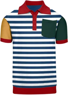 Mens Vintage Knit Polo Short Sleeve Blue Stripe Cotton Golf Polo T Shirts
