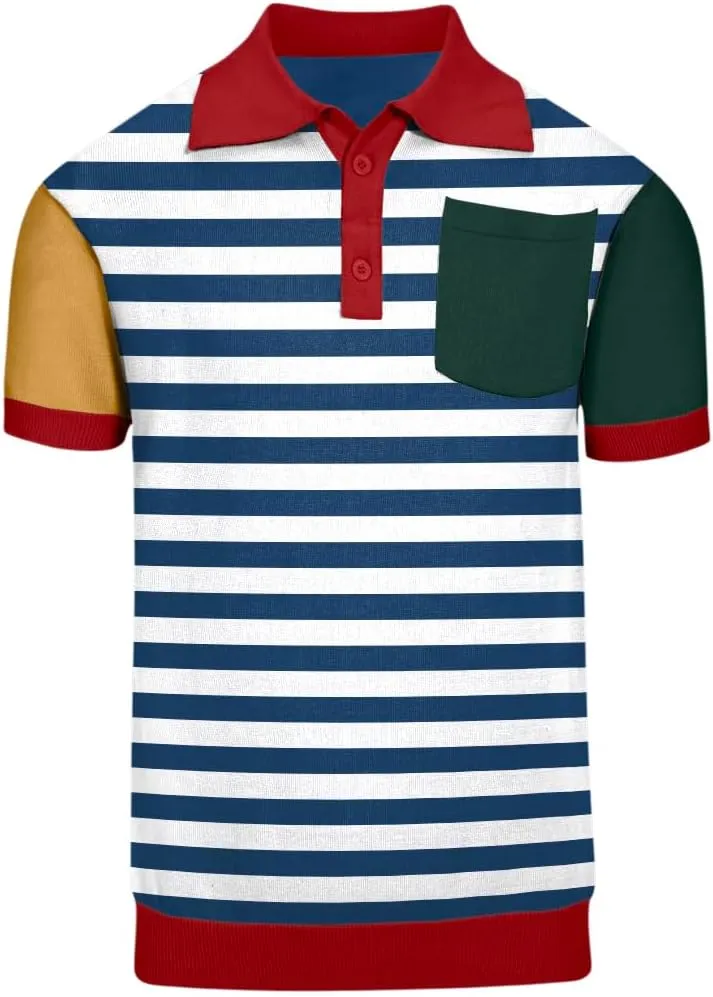 Mens Vintage Knit Polo Short Sleeve Blue Stripe Cotton Golf Polo T Shirts
