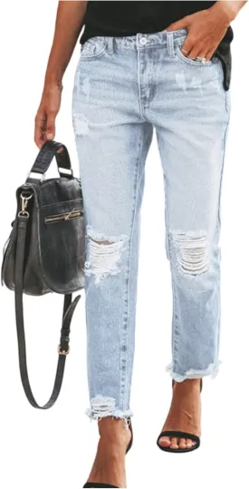midelxp Straight Leg Jeans for Women Casual Button Down High Waist Ripped Jeans Boyfriend Distressed Denim Pants with Pockets