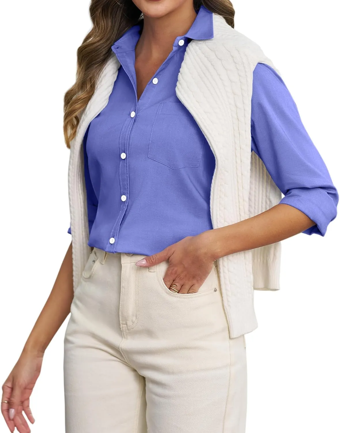 Oxford Shirts for Women Cotton Button Down Shirts Collared Fitted Work Office Blouses Business Top with Pockets