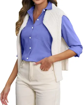 Oxford Shirts for Women Cotton Button Down Shirts Collared Fitted Work Office Blouses Business Top with Pockets