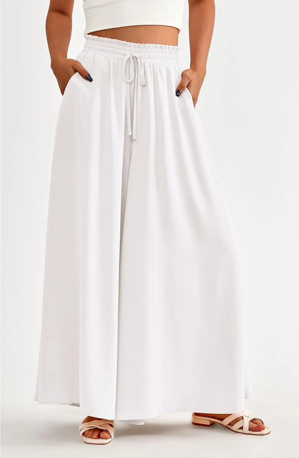 PRETTYGARDEN Women's 2025 Summer Wide Leg Palazzo Pants High Waisted Flowy Pockets Trendy Casual Lounge Boho Beach Trousers