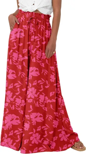 PRETTYGARDEN Women's 2025 Summer Wide Leg Palazzo Pants High Waisted Flowy Pockets Trendy Casual Lounge Boho Beach Trousers