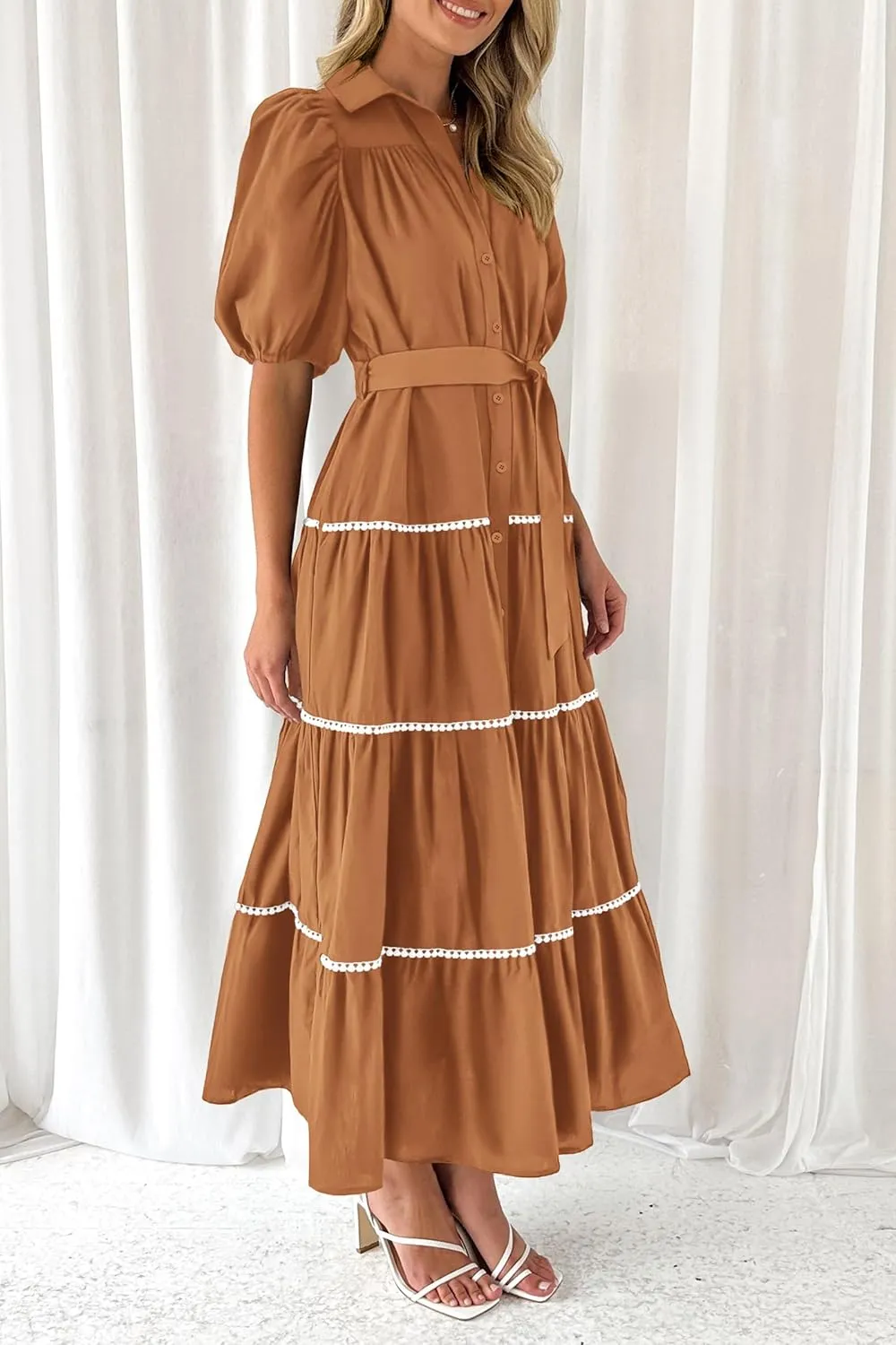 PRETTYGARDEN Women's Summer Button Down Shirt Dress Short Puffy Sleeve Tiered Ruffle Flowy Long Maxi Dresses