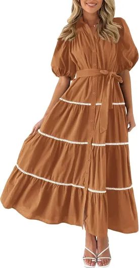 PRETTYGARDEN Women's Summer Button Down Shirt Dress Short Puffy Sleeve Tiered Ruffle Flowy Long Maxi Dresses