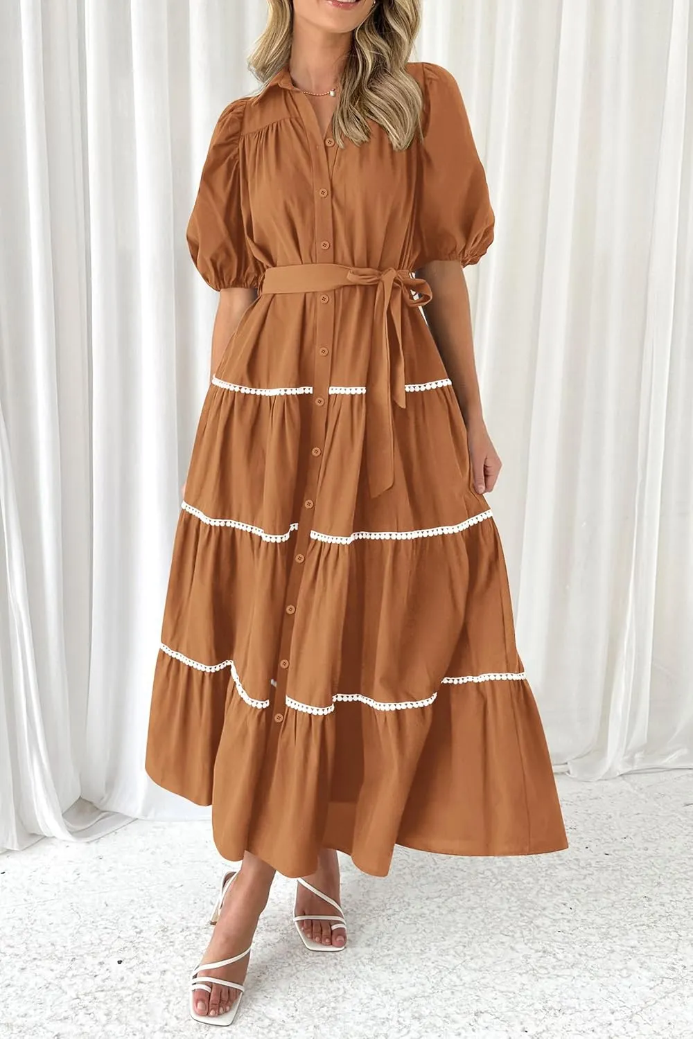 PRETTYGARDEN Women's Summer Button Down Shirt Dress Short Puffy Sleeve Tiered Ruffle Flowy Long Maxi Dresses