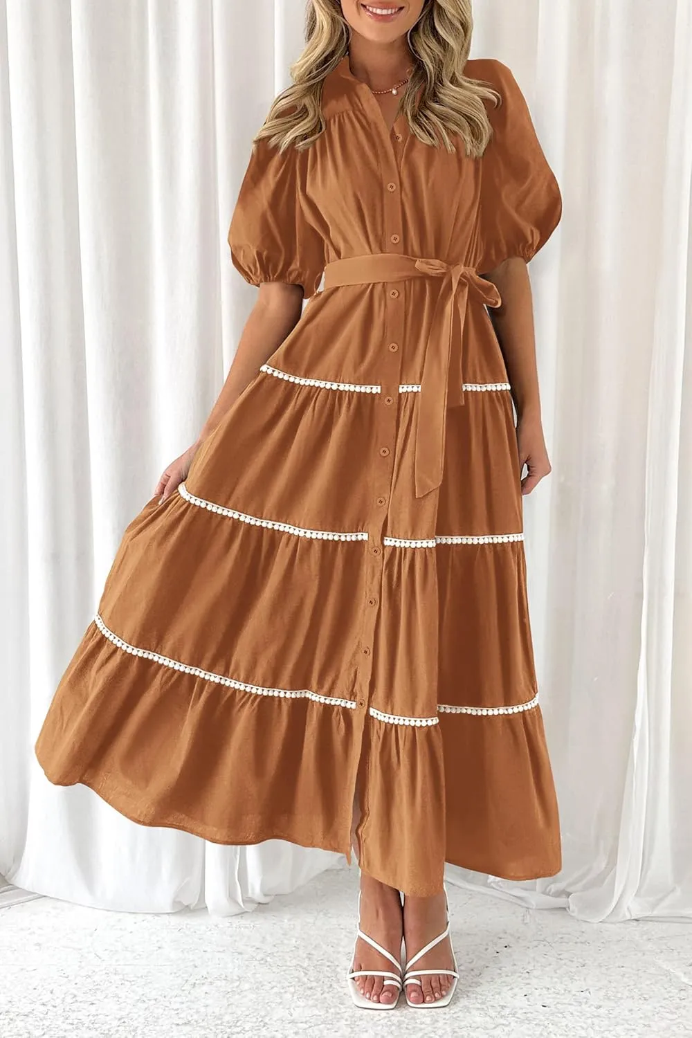 PRETTYGARDEN Women's Summer Button Down Shirt Dress Short Puffy Sleeve Tiered Ruffle Flowy Long Maxi Dresses