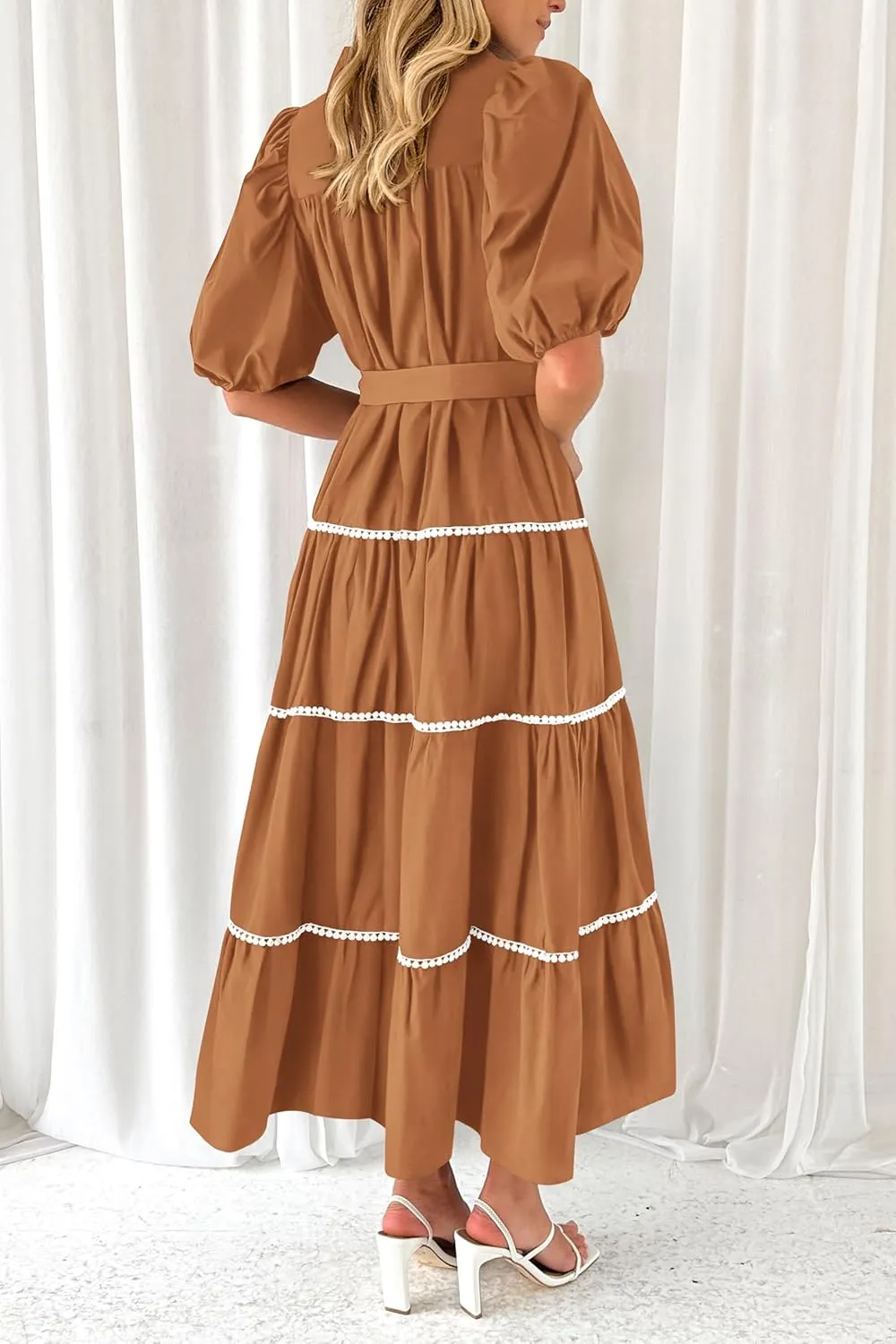 PRETTYGARDEN Women's Summer Button Down Shirt Dress Short Puffy Sleeve Tiered Ruffle Flowy Long Maxi Dresses
