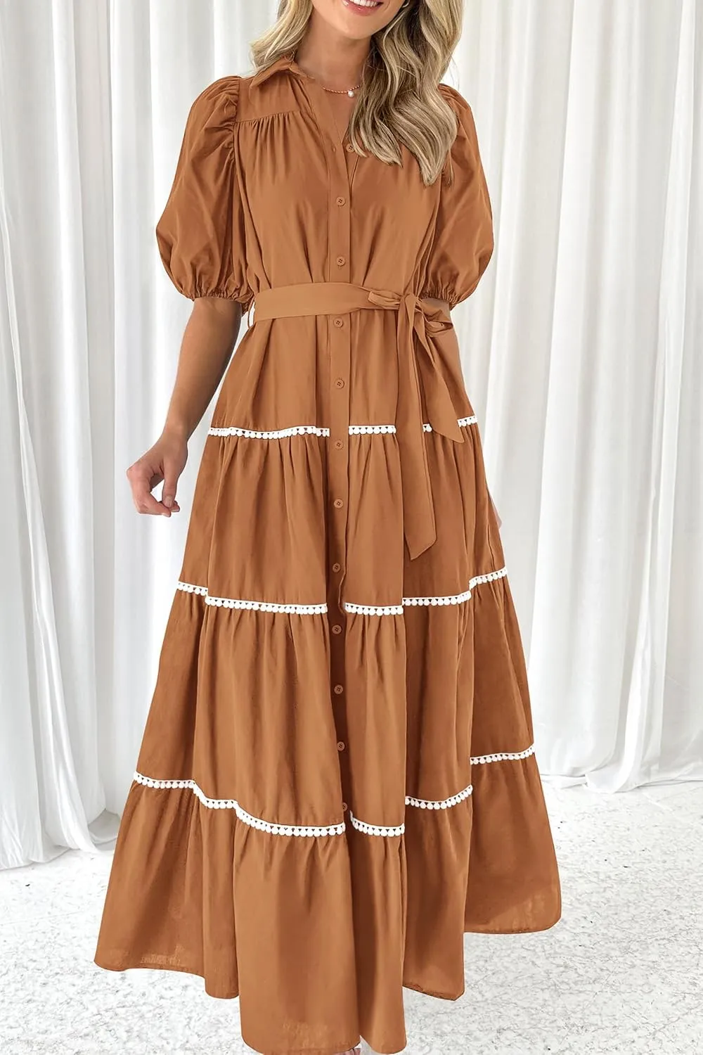 PRETTYGARDEN Women's Summer Button Down Shirt Dress Short Puffy Sleeve Tiered Ruffle Flowy Long Maxi Dresses