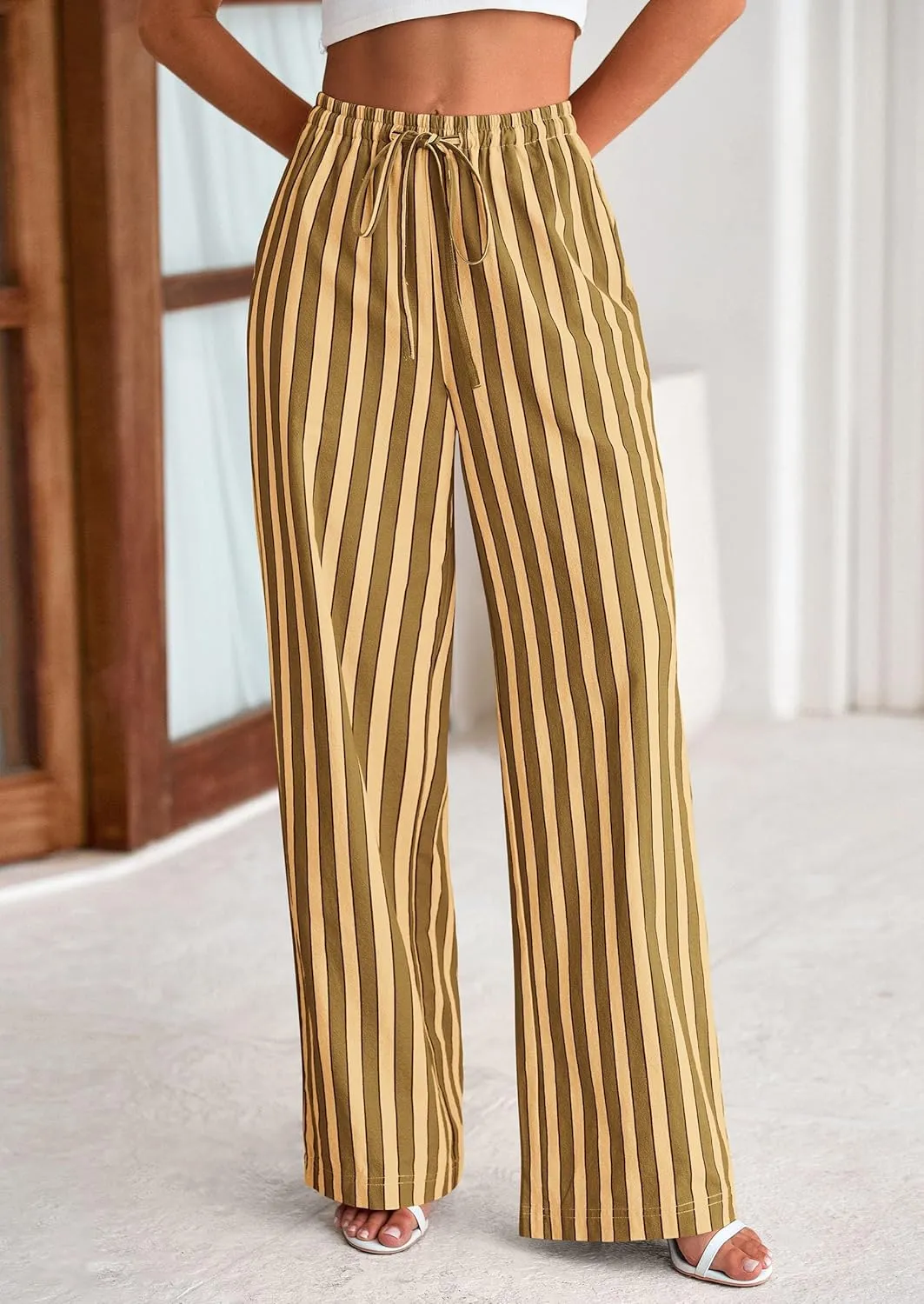 PRETTYGARDEN Women's Summer Striped Wide Leg Lounge Pants 2025 Trendy Clothes Drawstring Elastic Waist Comfy Pajama Bottoms