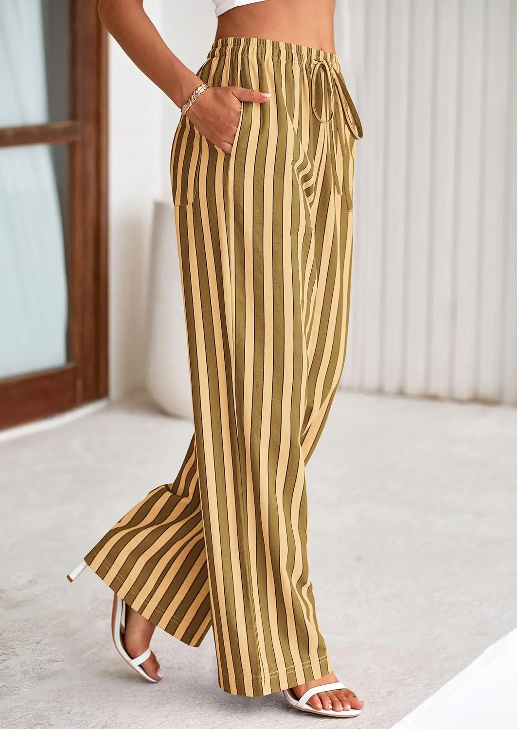 PRETTYGARDEN Women's Summer Striped Wide Leg Lounge Pants 2025 Trendy Clothes Drawstring Elastic Waist Comfy Pajama Bottoms