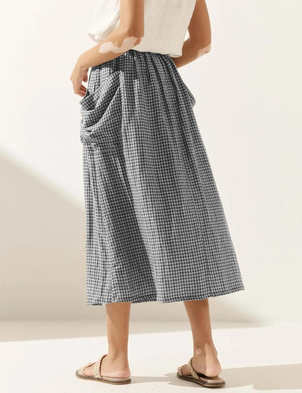 QIBABU Womens Plaid Midi Skirt Flowy Elastic High Waist Long Skirts with Pockets