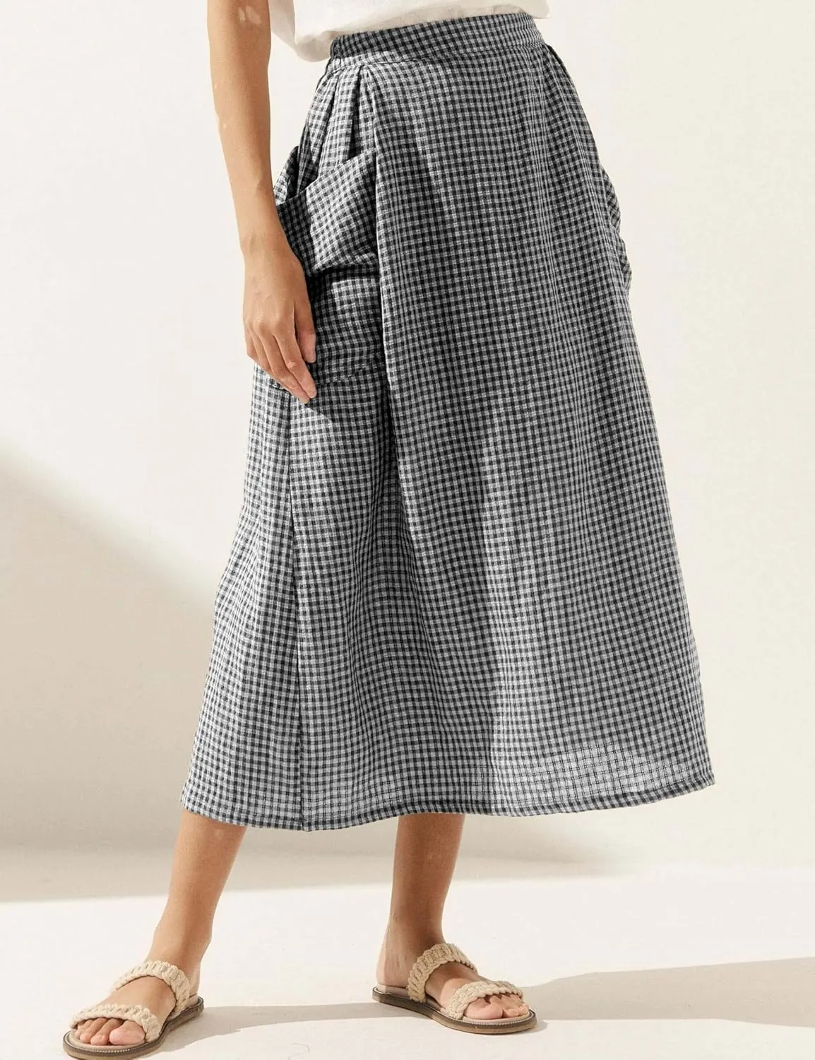 QIBABU Womens Plaid Midi Skirt Flowy Elastic High Waist Long Skirts with Pockets