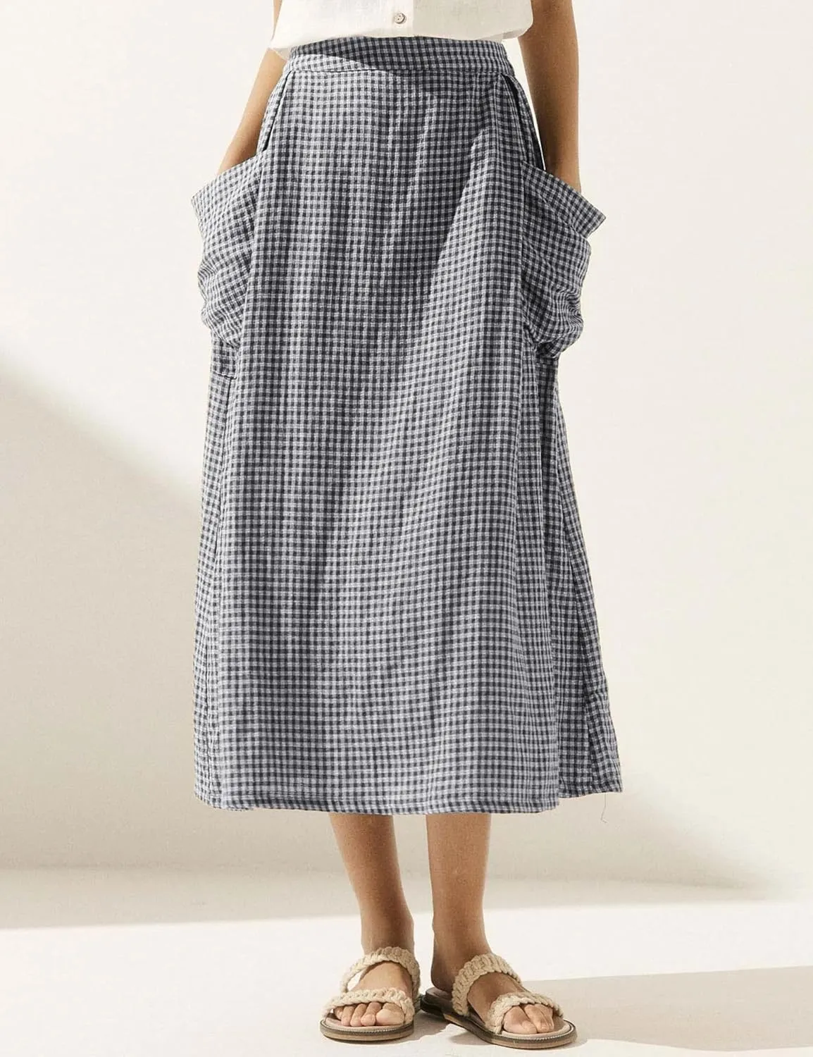 QIBABU Womens Plaid Midi Skirt Flowy Elastic High Waist Long Skirts with Pockets