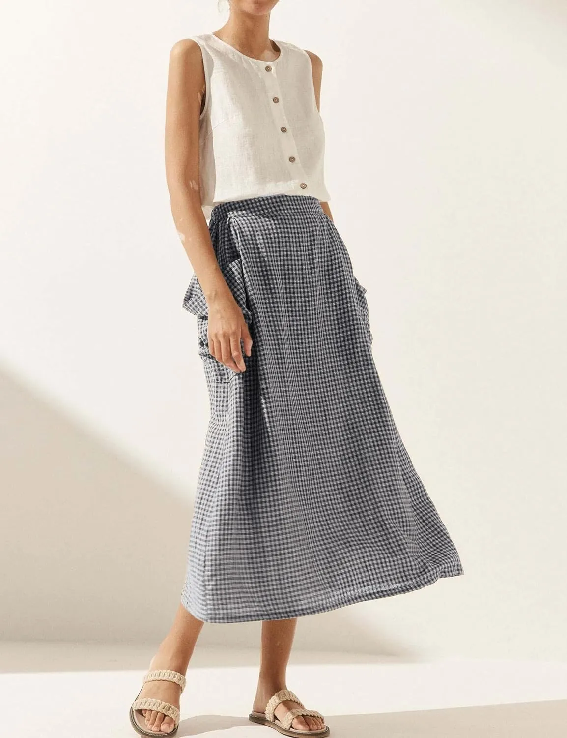 QIBABU Womens Plaid Midi Skirt Flowy Elastic High Waist Long Skirts with Pockets