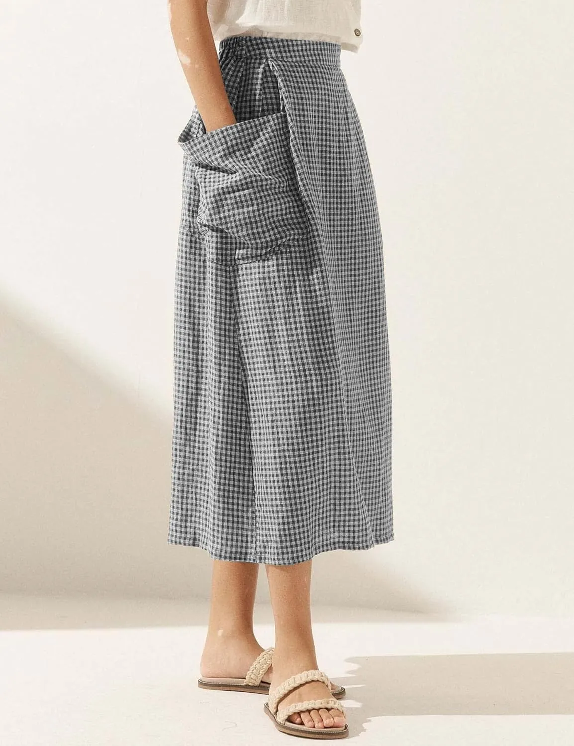 QIBABU Womens Plaid Midi Skirt Flowy Elastic High Waist Long Skirts with Pockets