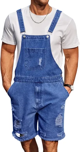 Runcati Mens Denim Shorts Bib Overall Loose Fit Ripped Jeans Adjustable Straps Summer Workwear Jumpsuit