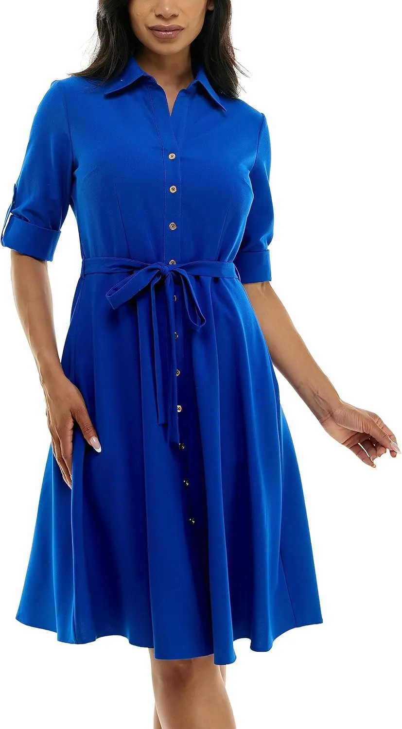 Sharagano Women's Button Front Pleated Shirt Casual Dress