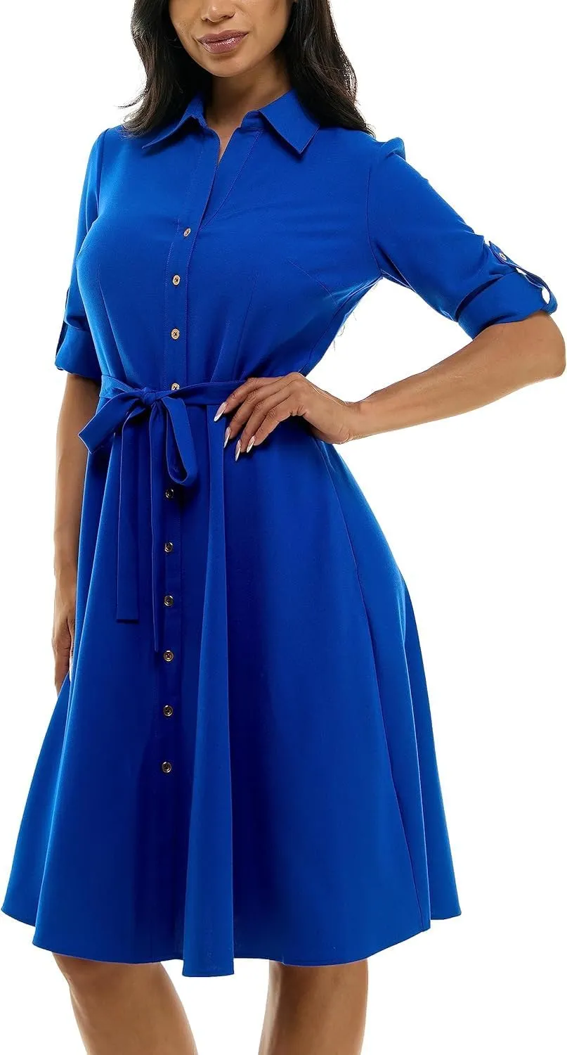 Sharagano Women's Button Front Pleated Shirt Casual Dress