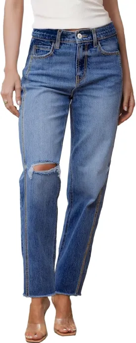 Sidefeel Women's High Waisted Boyfriend Jeans Trendy Ripped Straight Leg Raw Hem Stretchy Ankle Denim Pants