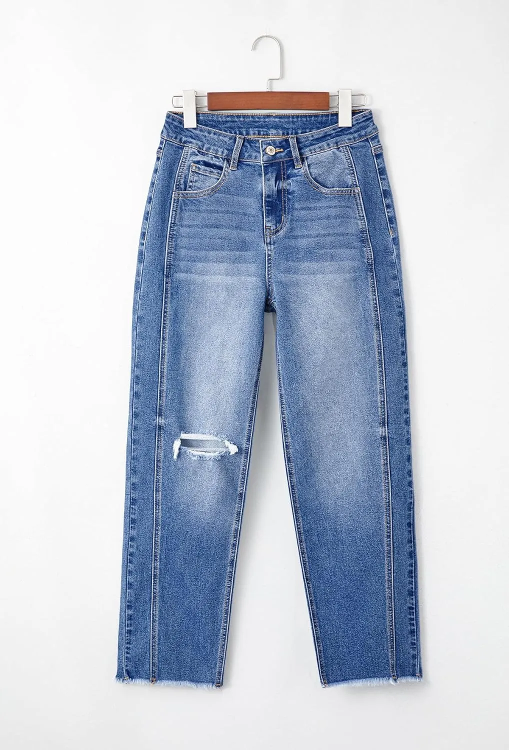 Sidefeel Women's High Waisted Boyfriend Jeans Trendy Ripped Straight Leg Raw Hem Stretchy Ankle Denim Pants
