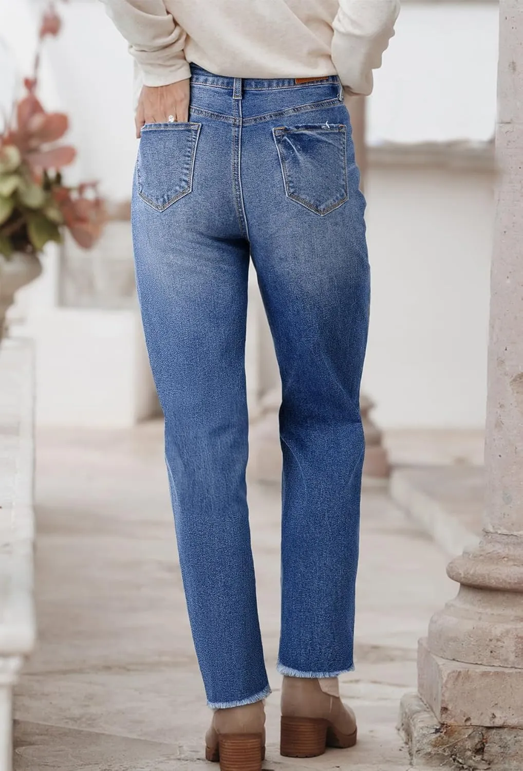 Sidefeel Women's High Waisted Boyfriend Jeans Trendy Ripped Straight Leg Raw Hem Stretchy Ankle Denim Pants