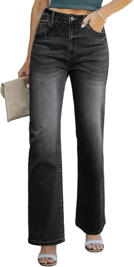 Sidefeel Women's Wide Leg Jeans Casual High Waisted Straight Zimbaplatinum Denim Pants with Pockets