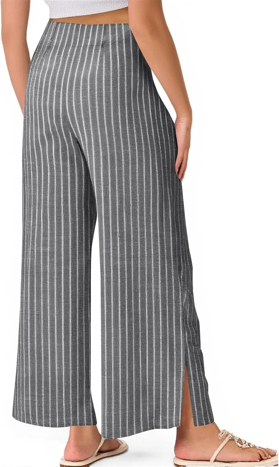 Striped Linen Pants Women Elastic Waist Straight Leg Cropped Pants Summer Casual Crop Beach Trousers with Pockets