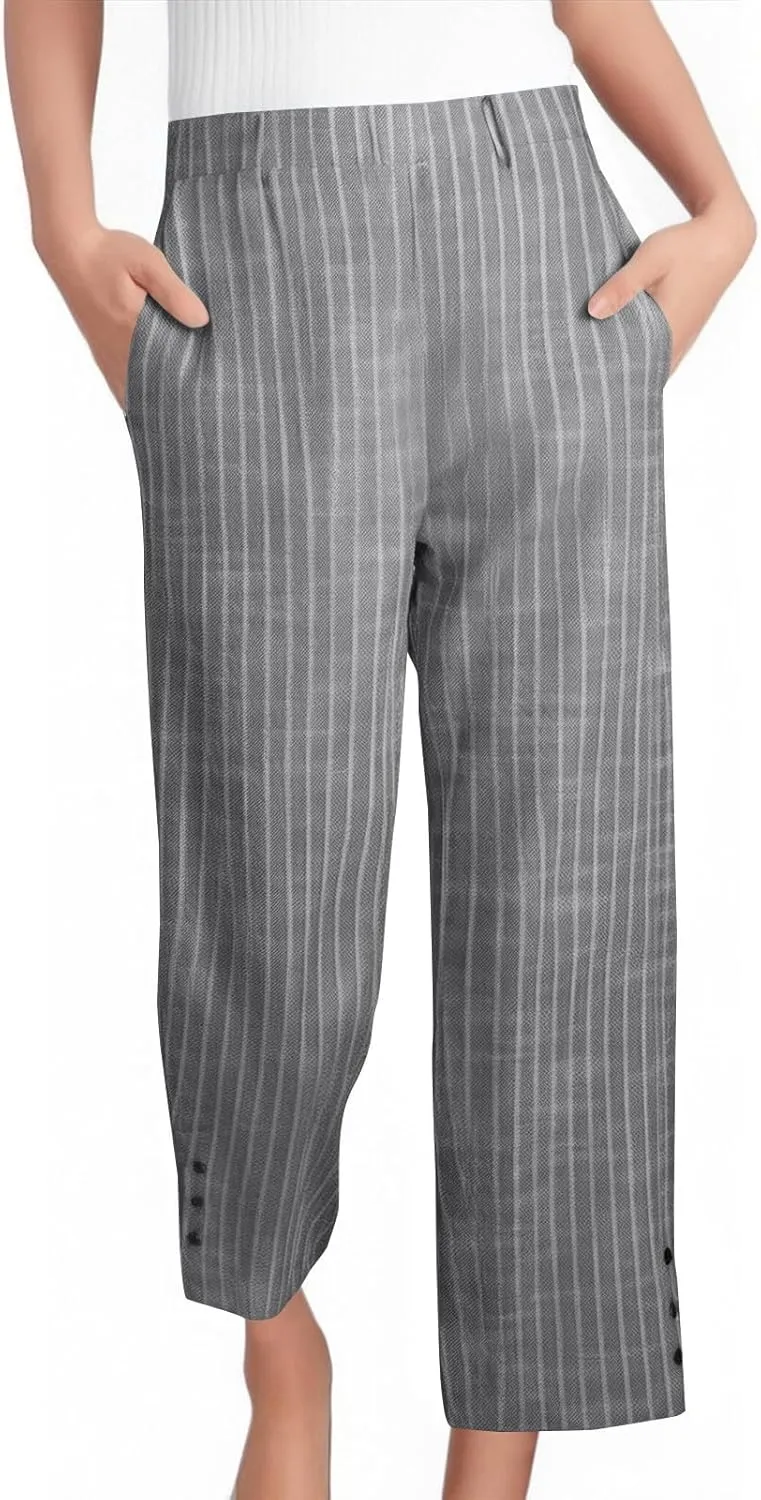 Striped Linen Pants Women Elastic Waist Straight Leg Cropped Pants Summer Casual Crop Beach Trousers with Pockets
