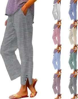 Striped Linen Pants Women Elastic Waist Straight Leg Cropped Pants Summer Casual Crop Beach Trousers with Pockets