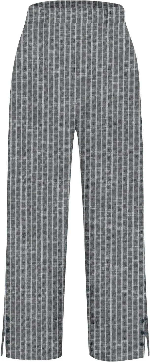 Striped Linen Pants Women Elastic Waist Straight Leg Cropped Pants Summer Casual Crop Beach Trousers with Pockets