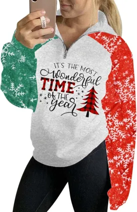 TAOHONG Merry Christmas Sweatshirt Women Xmas Buffalo Plaid Tree Color Block Christmas Snowflake Print Long Sleeve Top Shirts