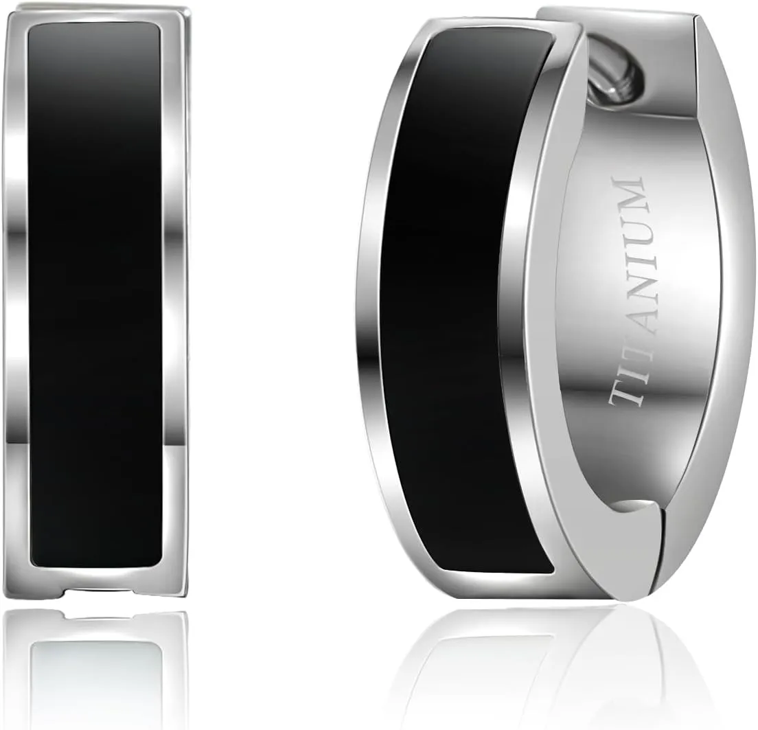 TGNEL Black Titanium Earrings Men Enamel Small Hoop Earrings Hypoallergenic for Men Sensitive Ears