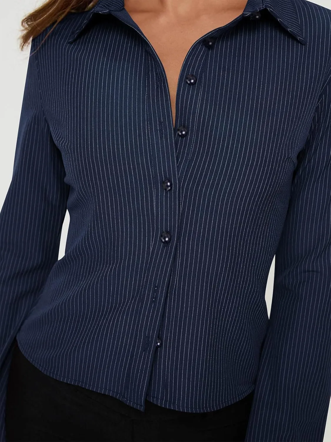 VNIRA Womens Button Down Shirts Striped Long Sleeve Collared Casual Work Blouses Spring Tops 2025 Trendy Outfits