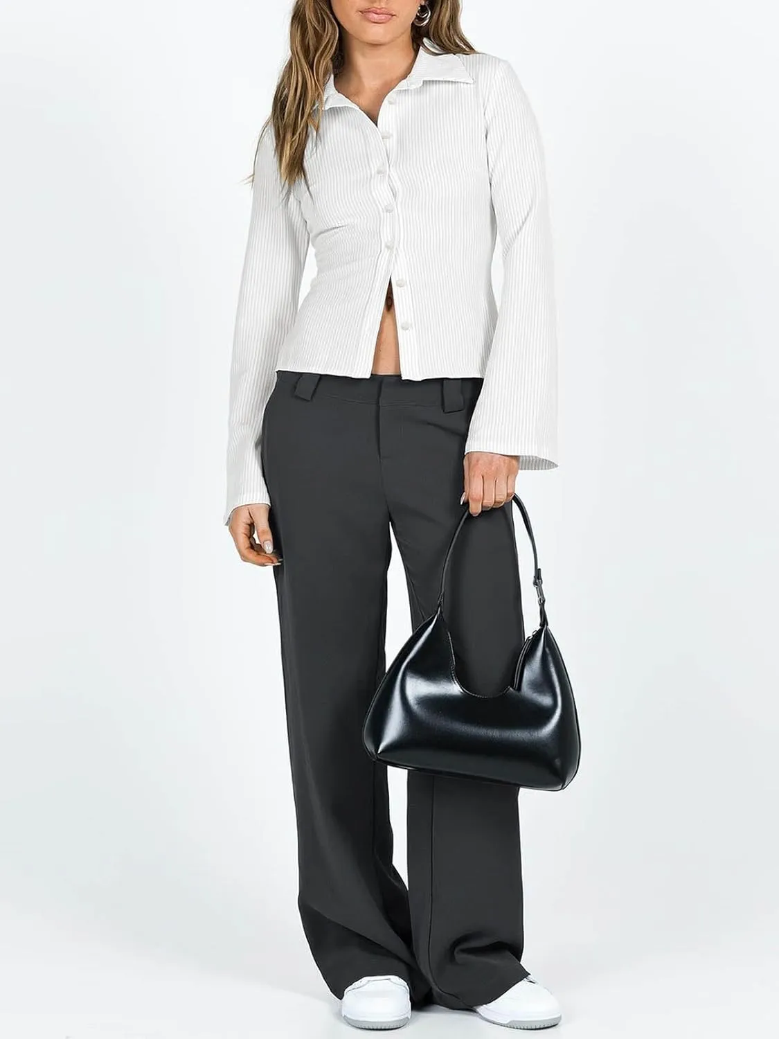 VNIRA Womens Button Down Shirts Striped Long Sleeve Collared Casual Work Blouses Spring Tops 2025 Trendy Outfits