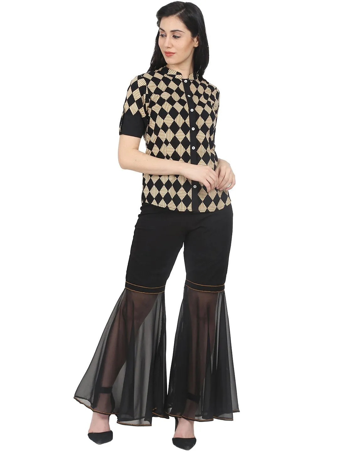 Women Black & Beige Slim Fit Checked Casual Shirt