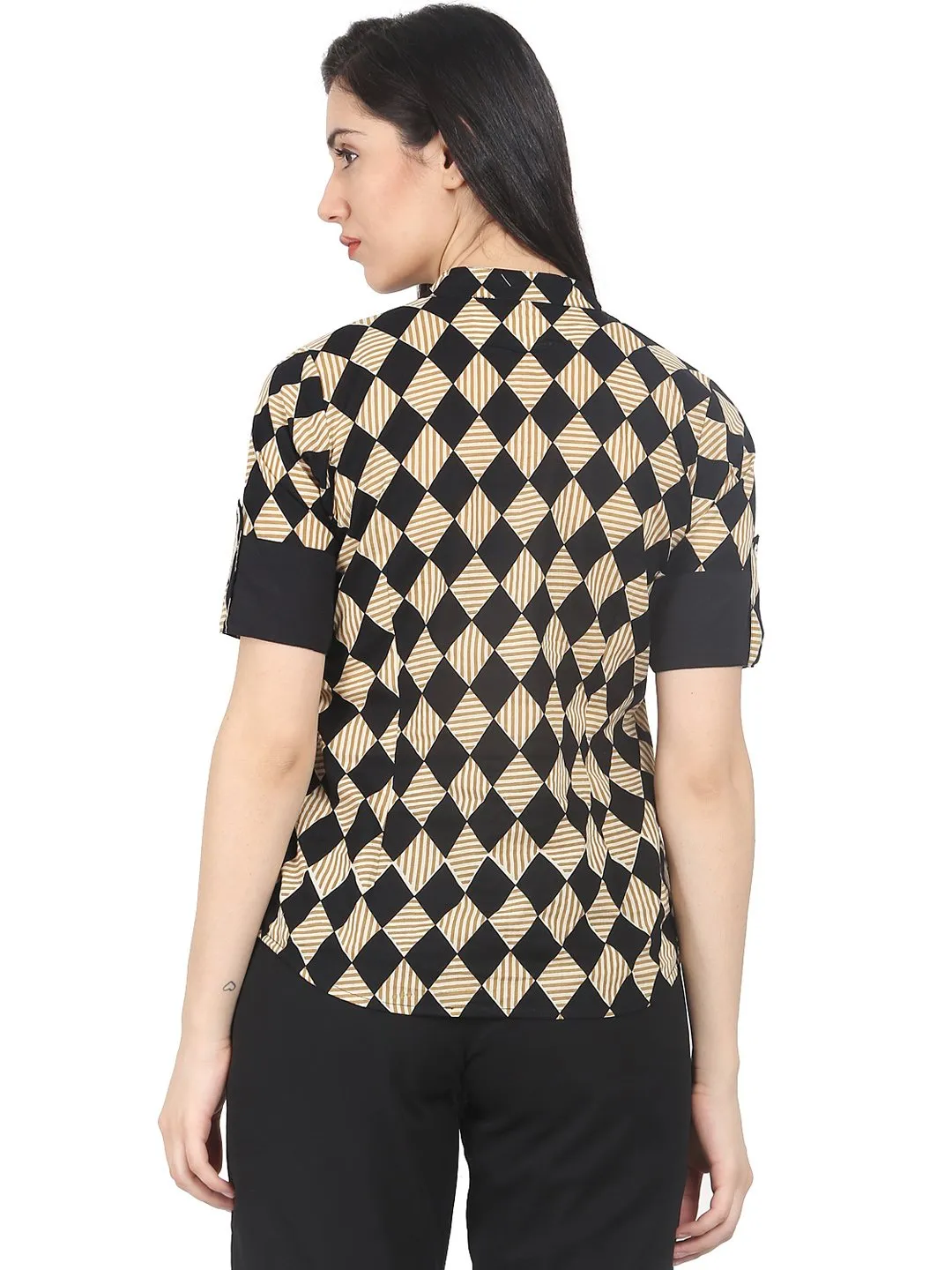 Women Black & Beige Slim Fit Checked Casual Shirt
