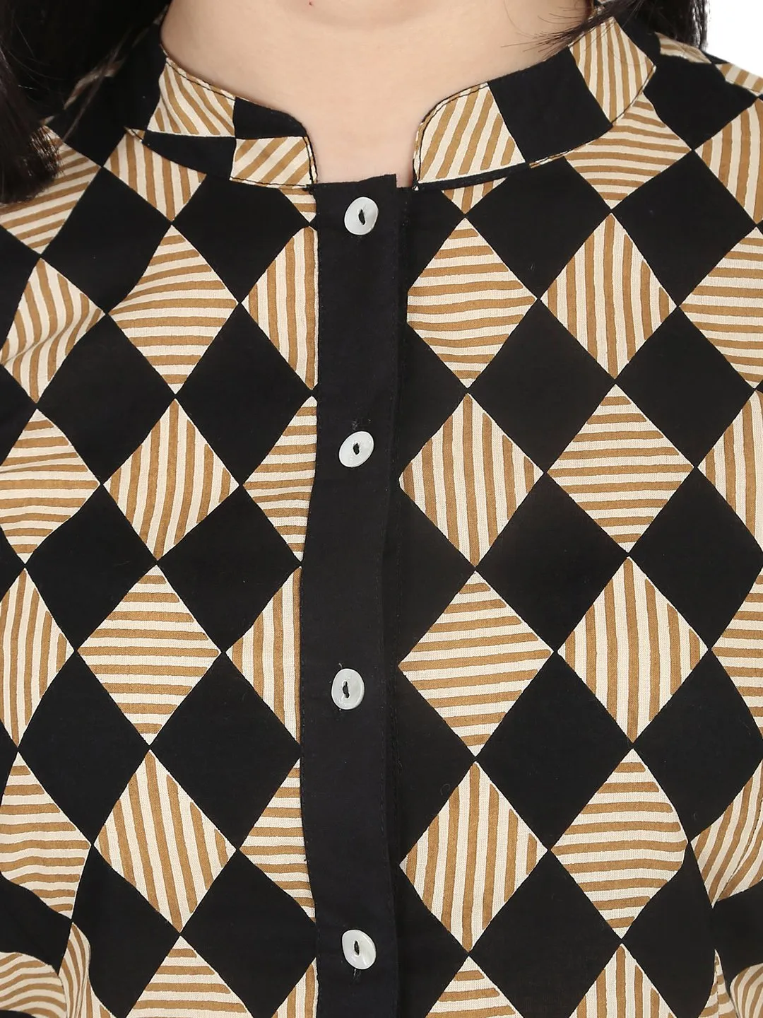 Women Black & Beige Slim Fit Checked Casual Shirt