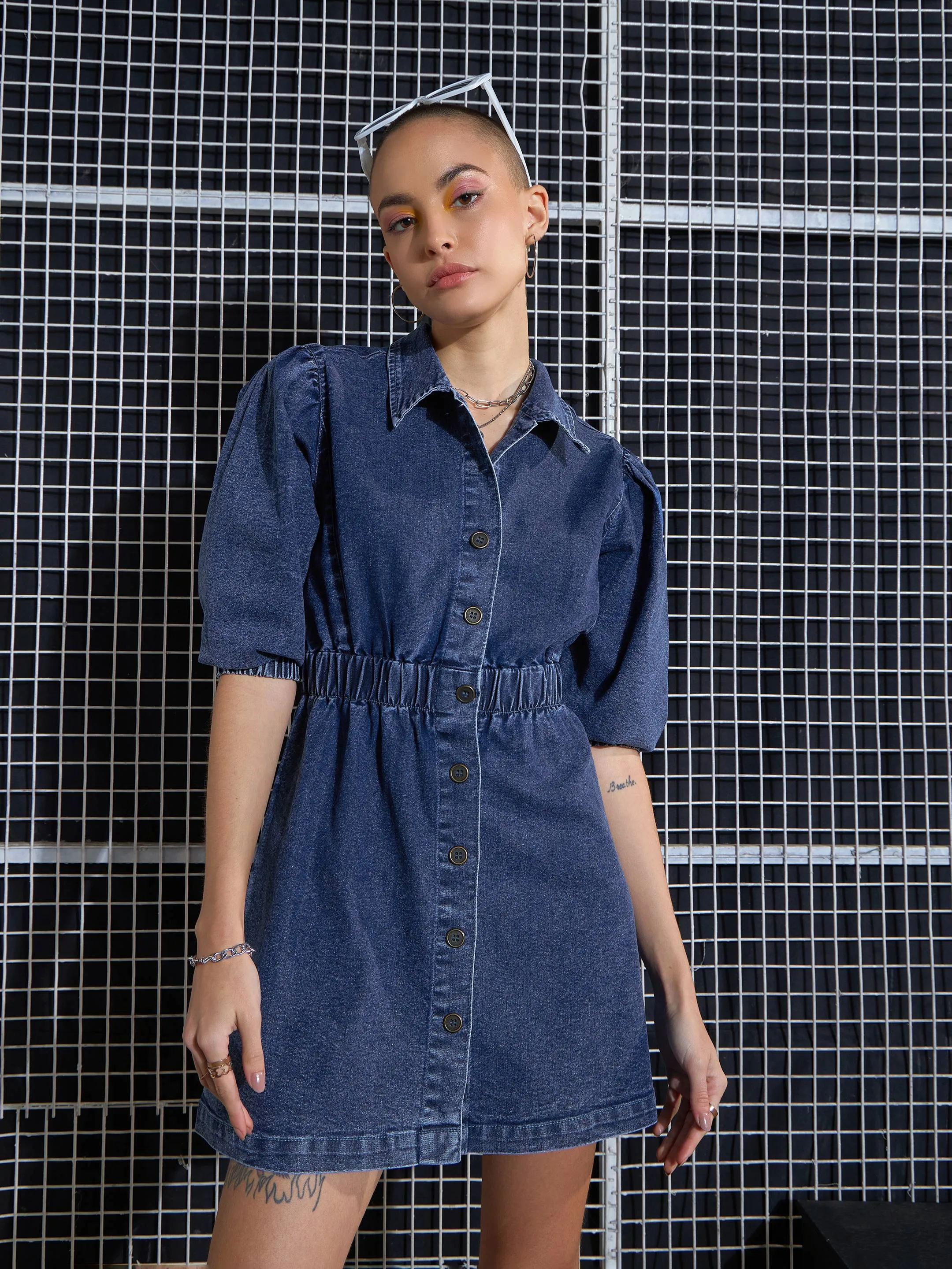 Women Blue Blast Denim A-Line Shirt Dress
