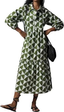 Women Casual 3/4 Puff Sleeve Polo V Neck Floral Printed Maxi Shirt Dress Button Down Tiered Loose Flowy Long Dress