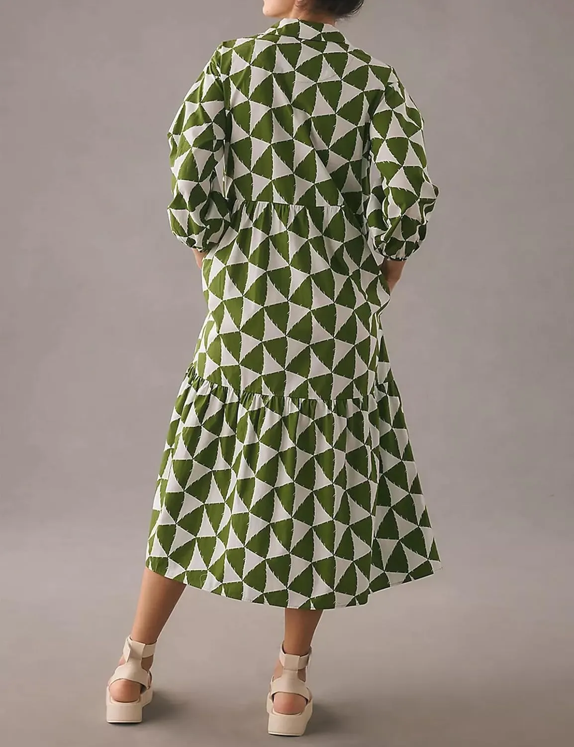 Women Casual 3/4 Puff Sleeve Polo V Neck Floral Printed Maxi Shirt Dress Button Down Tiered Loose Flowy Long Dress