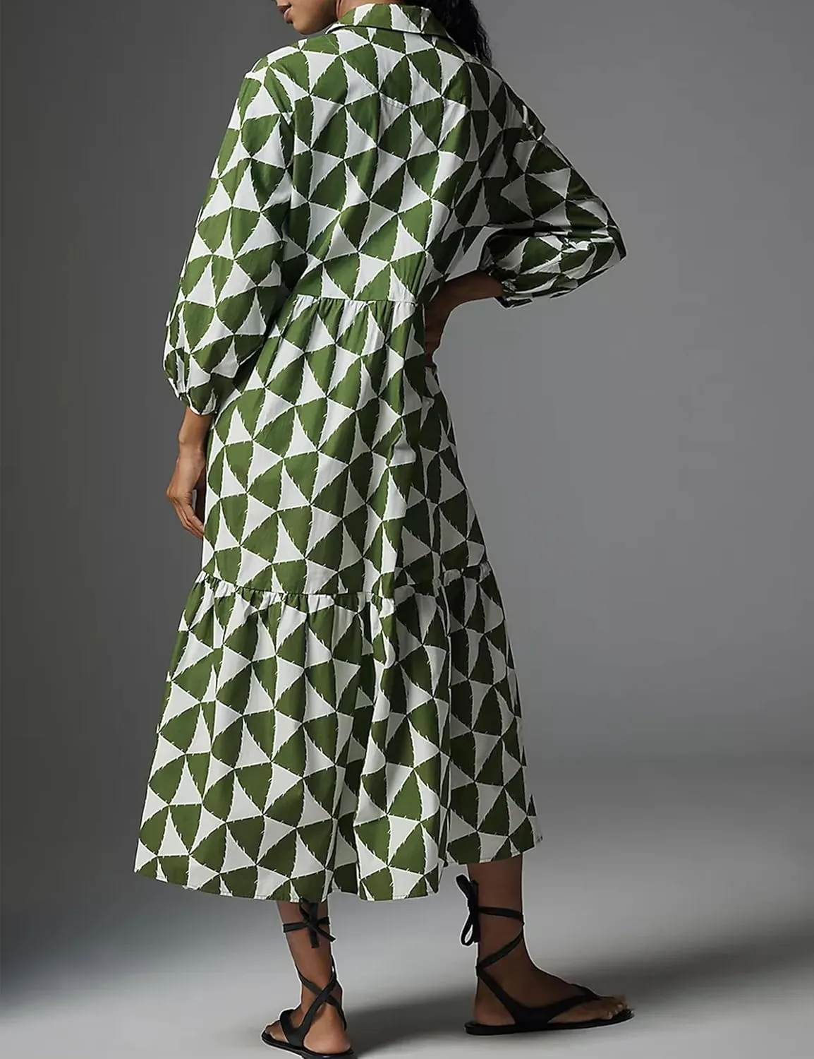 Women Casual 3/4 Puff Sleeve Polo V Neck Floral Printed Maxi Shirt Dress Button Down Tiered Loose Flowy Long Dress