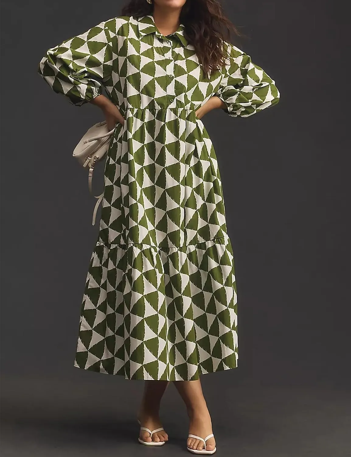 Women Casual 3/4 Puff Sleeve Polo V Neck Floral Printed Maxi Shirt Dress Button Down Tiered Loose Flowy Long Dress